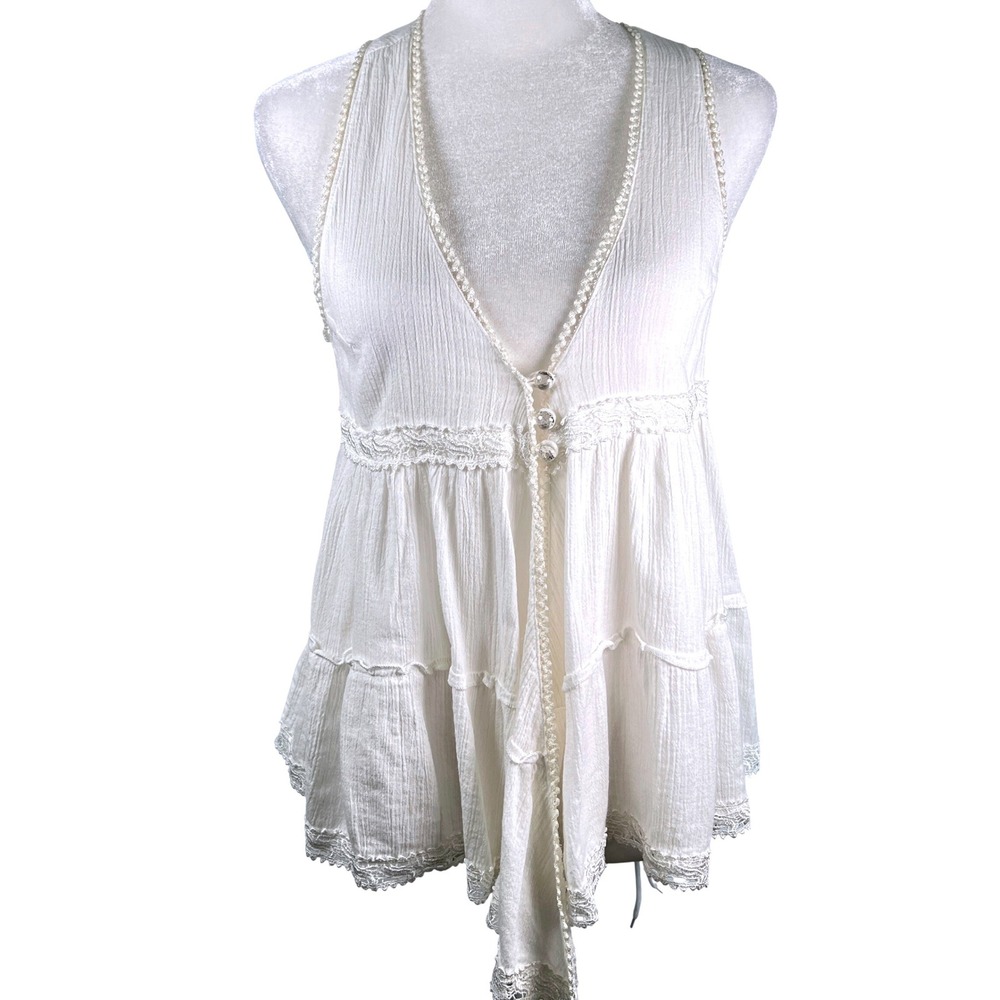 Blue Asphalt White Cotton Gauze Tiered Lace Trim Babydoll Top Small Sleeveless
